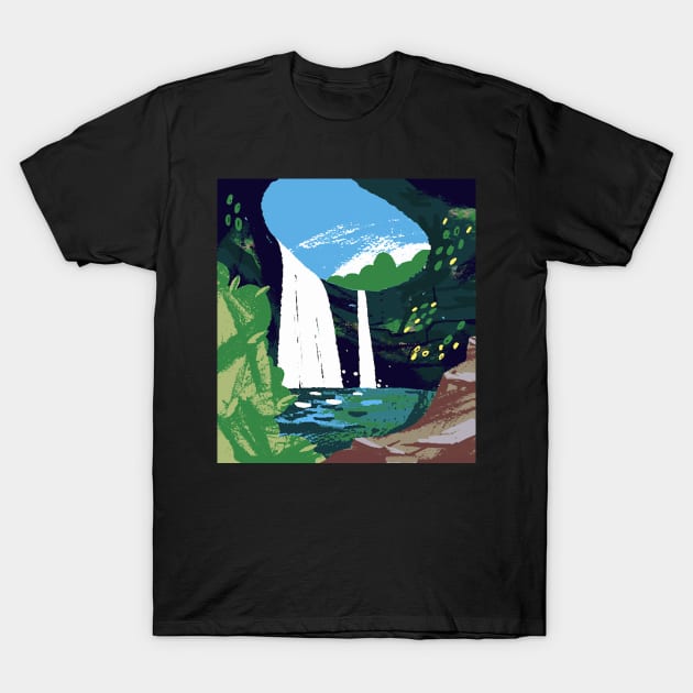 Green forest waterfall T-Shirt by mikybastiano